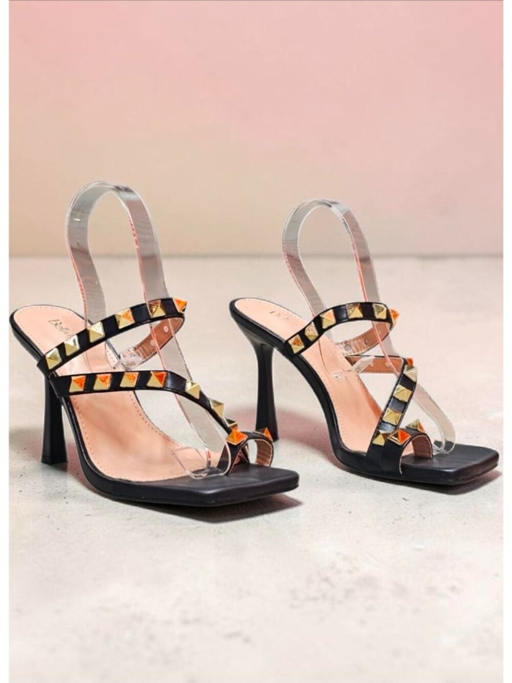 Black Studded High Heel Sandals With Straps And Square Toe Design For Women - Picture 6 of 12